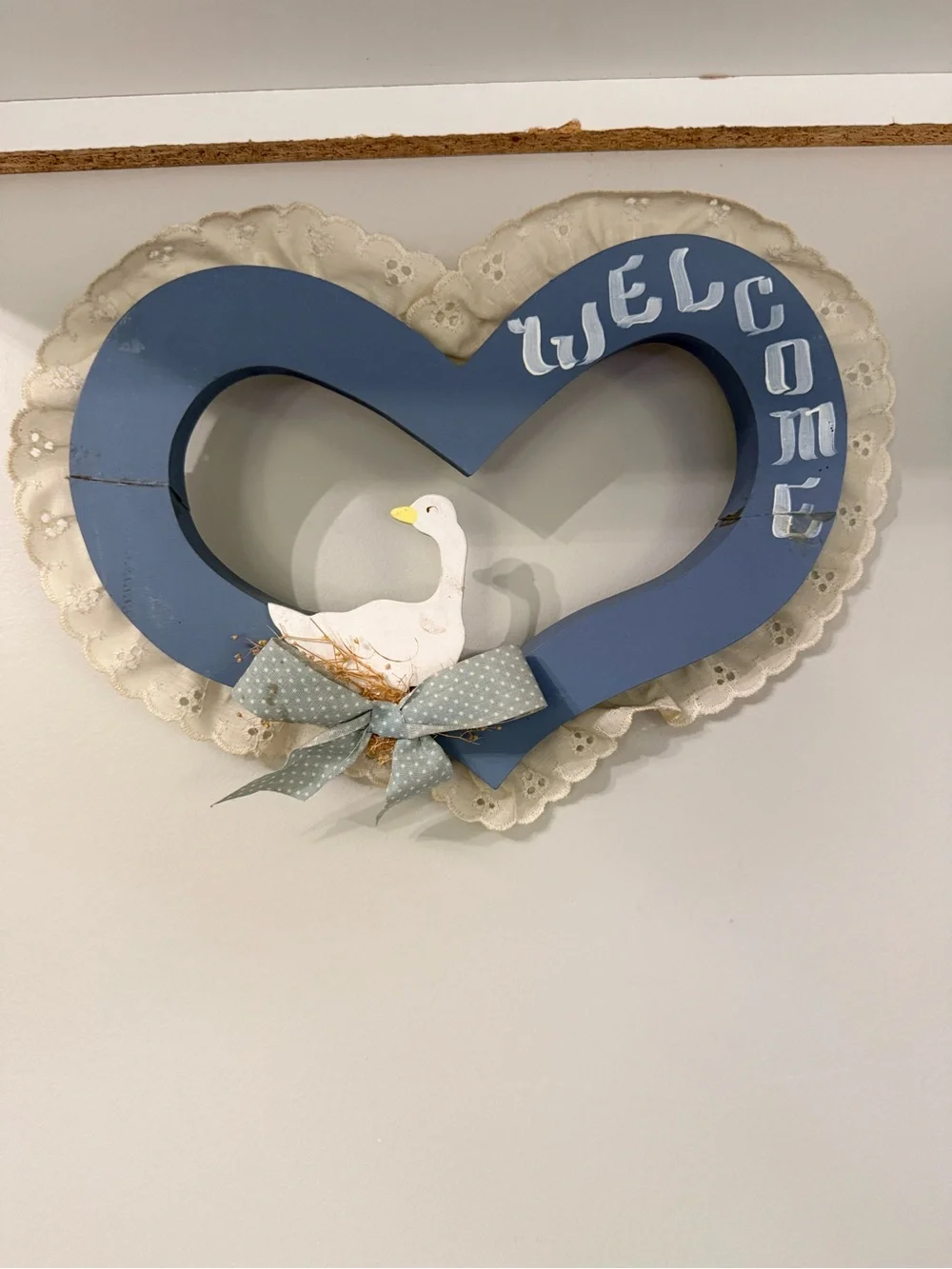 Blue Heart Welcome Goose Door Hanger Lace Bow Cottage Decor